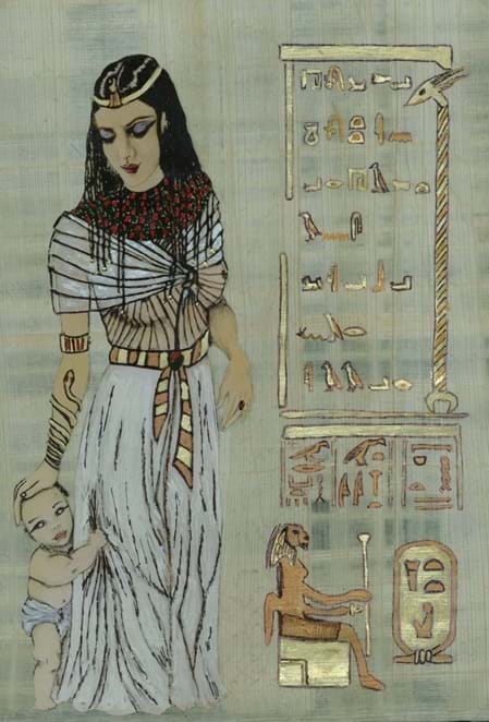 Papyrusbild: "Bastet mit Kind"