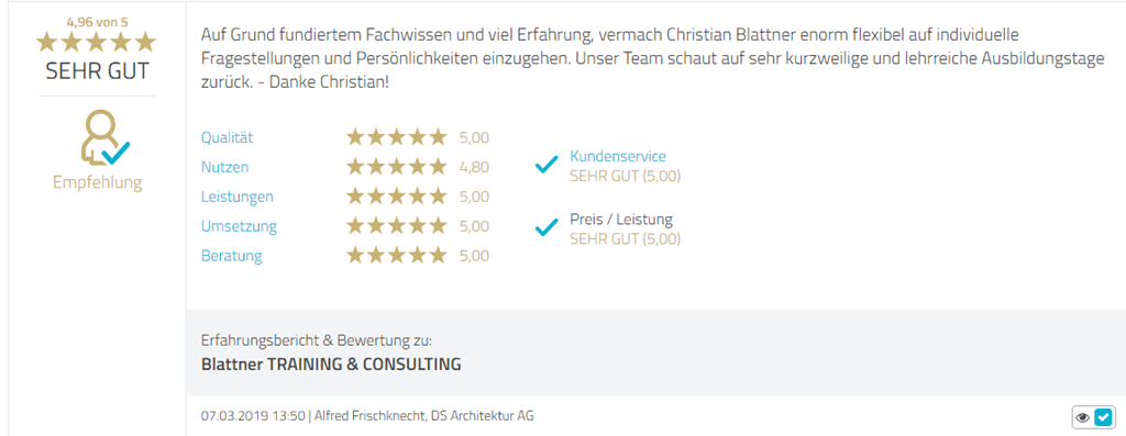 Bewertung Firmenschulung DS Architekten