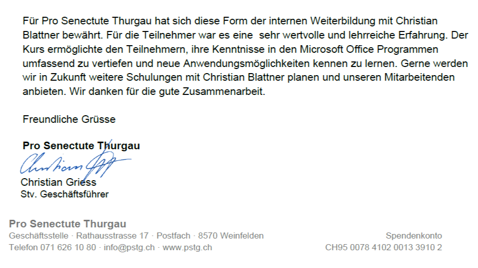 Kursbeurteilung Pro Senectute Mitarbeiterschunung in Microsoft Ofice 365