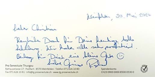 Dankesschreiben von Raphael Herzog Geschäftsführer Pro Senectute Thurgau