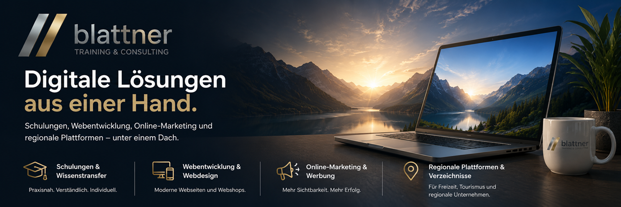 Digitale Lösungen aus einer Hand Schulungen, Webentwicklungen, Online-Marketing und regionale Plattformen - unter einem Dach.  Blattner Informatik Blattner Informatik vereint mehrere spezialisierte Geschäftsbereiche unter einem Dach. Unternehmen, Vereine und Privatpersonen profitieren von IT-Schulungen, modernen Webseiten, Online-Marketing sowie regionalen Werbeplattformen. Gleichzeitig erhalten unsere Kunden im geschützten Entwicklungsbereich jederzeit Einblick in laufende Webprojekte.