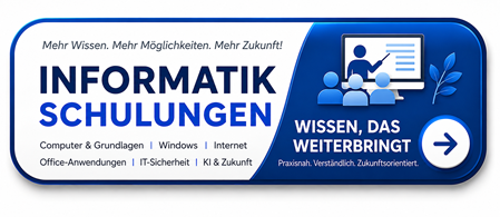 Informatikschulungen für Einsteiger und Fortgeschrittene – Praxisnahe Kurse zu Computer, Windows, Internet, Office-Anwendungen, IT-Sicherheit und Künstlicher Intelligenz von Blattner Training & Consulting.