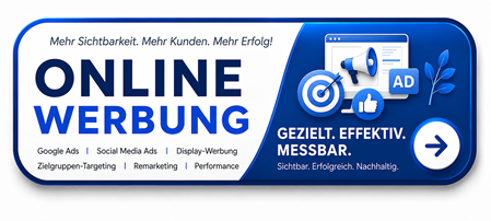 Online-Werbung für Unternehmen – Moderner Werbebanner mit Symbolen für Google Ads, Social Media Ads und zielgerichtete Online-Marketing-Kampagnen zur Steigerung von Sichtbarkeit, Reichweite und Kundengewinnung.