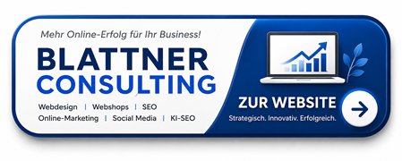 Button zur Website von Blattner Consulting mit den Schwerpunkten Webdesign, Webshops, SEO, KI-SEO, Online-Marketing und Social Media. Call-to-Action ‚Zur Website‘ mit Pfeilsymbol.