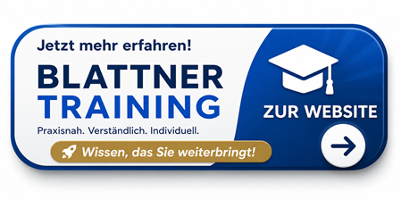 Call-to-Action-Button für Blattner Training mit der Aufschrift ‹Jetzt mehr erfahren – Blattner Training – Zur Website›. Modernes blau-weisses Design mit Abschlusskappe, Pfeilsymbol und dem Slogan ‹Praxisnah. Verständlich. Individuell.› zur Navigation auf die Website für IT-Schulungen, Microsoft Office, KI-Anwenderschulungen und Firmenschulungen