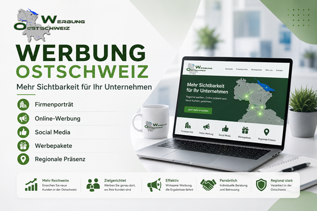 Werbebanner von Werbung Ostschweiz mit dem Slogan „Mehr Sichtbarkeit für Ihr Unternehmen“. Vorgestellt werden die Leistungen Firmenporträt, Online-Werbung, Social Media, Werbepakete und Regionale Präsenz. Rechts ist ein Laptop mit der Website von Werbung Ostschweiz zu sehen, auf der regionale Online-Werbung und erhöhte Sichtbarkeit für Unternehmen präsentiert werden. Im unteren Bereich werden die Vorteile Mehr Reichweite, Zielgerichtet, Effektiv, Persönlich und Regional stark hervorgehoben. Modernes Büroambiente in den Farben Grün, Weiss und Grau.